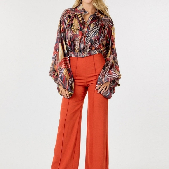 Women's Long Balloon Sleeve Button Up Multi Print Cropped Blouse Top - Picture 4 of 5